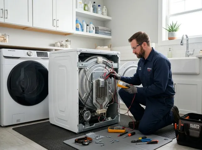 Appliance Repair Hero technician checking a dryer heating element with the rear panel off in Allentown, NJ