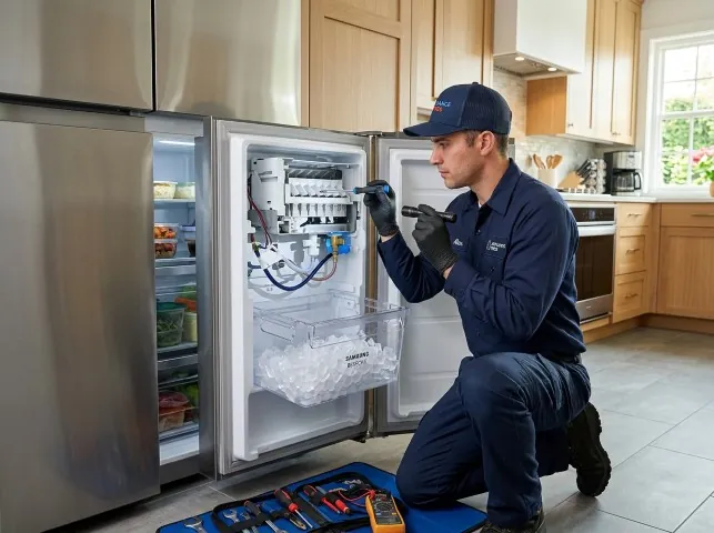 Appliance Repair Hero technician repairing a refrigerator ice maker in Allentown, NJ