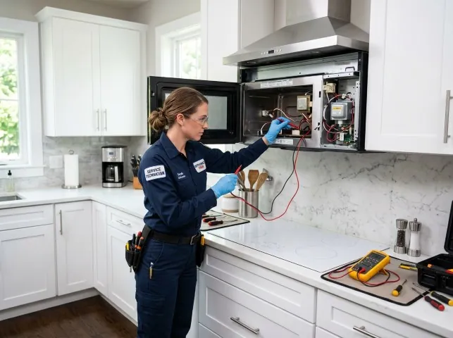 Appliance Repair Hero technician testing an over-the-range microwave in a Allentown, NJ kitchen