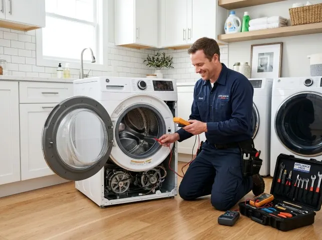 Appliance Repair Hero technician testing a front-load washer with a multimeter on a Allentown, NJ service call